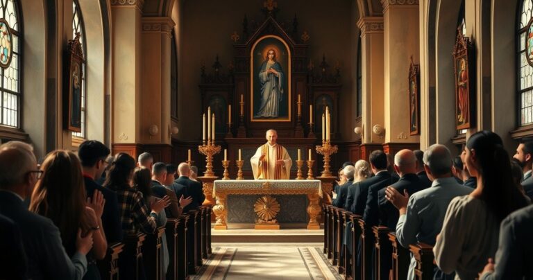 Realistyczne zdjęcie katolickiej kaplicy z wiernymi modlącymi się przy ołtarzu, symbolizujące oddanie Bogu i wierność tradycji katolickiej.