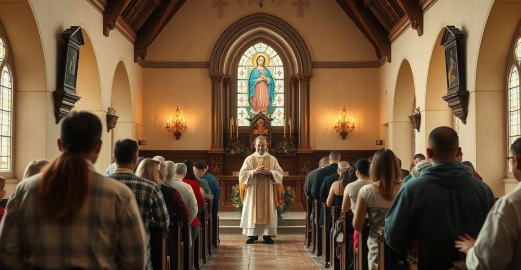 Fotografia realistyczna katolickiej kaplicy Matki Bożej Cierpiącej z wiernymi w modlitwie, ukazująca powagę i świętość miejsca kultu w kontekście kontrowersji ekumenizmu