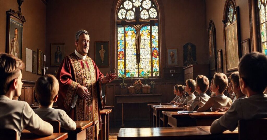 Realistyczna scena w katolickiej szkole z kapłanem i uczniami, symbolizująca tradycyjne nauczanie katolickie i krytyka modernistycznej edukacji zdrowotnej