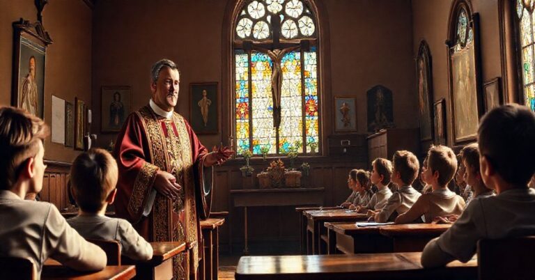Realistyczna scena w katolickiej szkole z kapłanem i uczniami, symbolizująca tradycyjne nauczanie katolickie i krytyka modernistycznej edukacji zdrowotnej