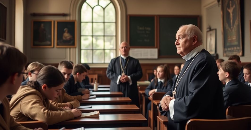 Duszpasterz w tradycyjnej klasie katolickiej z uczniami, podkreślający powagę i dyscyplinę w edukacji zgodnie z nauką Kościoła