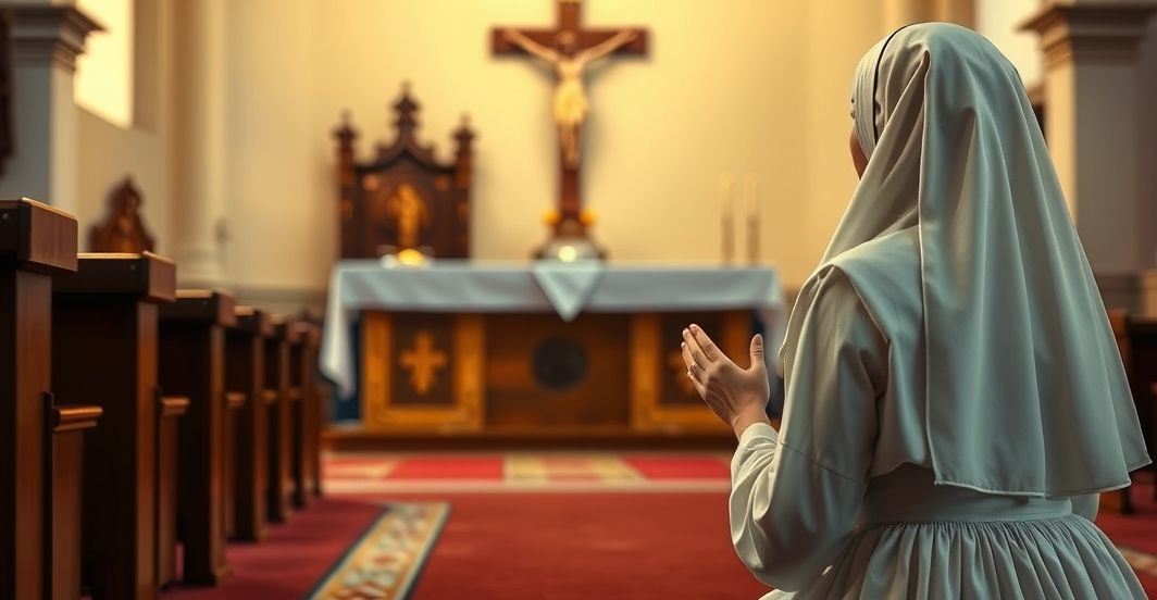 Katolicka kobieta modląca się w kościele przy ołtarzu z krzyżem, wyraz pobożności i pokory