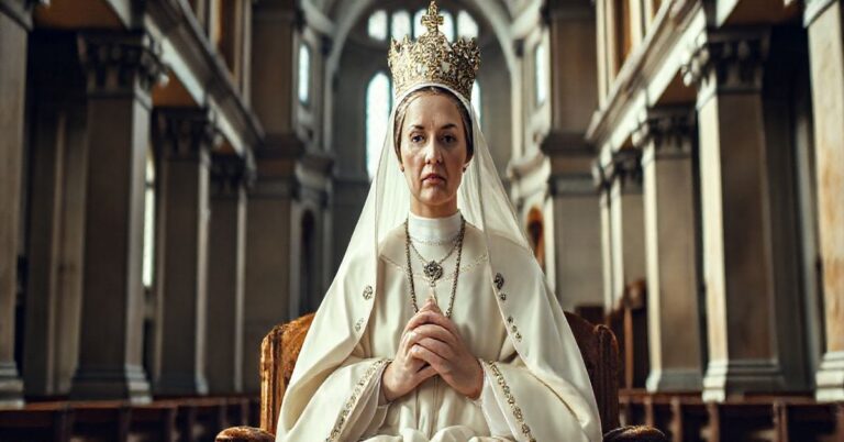 Kardynal w tradycyjnym stroju królewskim w katolickiej świątyni, ukazujący pobożność i szacunek, realistyczny obraz katolickiej monarchini w duchu tradycji