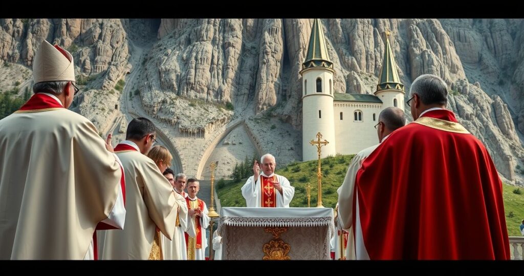 Realistyczne katolickie zdjęcie liturgii na Jasnej Górze z kapłanami i wiernymi w modlitewnym skupieniu, podkreślające sakralność i oddanie Bogu.