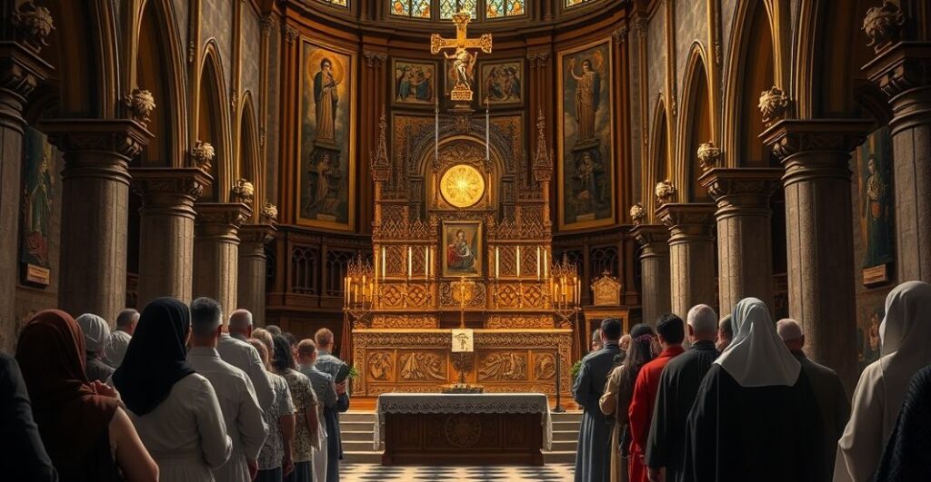 Fotografia realistyczna przedstawiająca katolicką katedrę podczas liturgii, z ołtarzem, relikwiami i wiernymi w modlitewnym skupieniu, ukazująca autentyczną katolicką pobożność i krytykę nowoczesnych nadużyć liturgicznych
