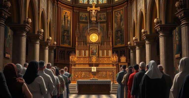Fotografia realistyczna przedstawiająca katolicką katedrę podczas liturgii, z ołtarzem, relikwiami i wiernymi w modlitewnym skupieniu, ukazująca autentyczną katolicką pobożność i krytykę nowoczesnych nadużyć liturgicznych