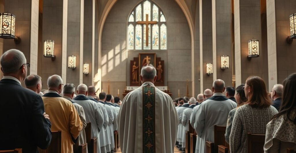 Obraz ukazujący autentyczne, pełne szacunku zgromadzenie katolickie z tradycyjnym charakterem, krytyczne wobec nowoczesnych nadużyć w liturgii, przedstawione jako realistyczne i poważne.