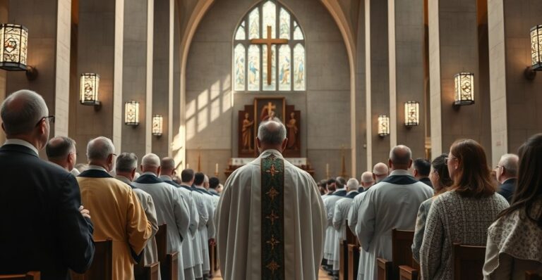Obraz ukazujący autentyczne, pełne szacunku zgromadzenie katolickie z tradycyjnym charakterem, krytyczne wobec nowoczesnych nadużyć w liturgii, przedstawione jako realistyczne i poważne.