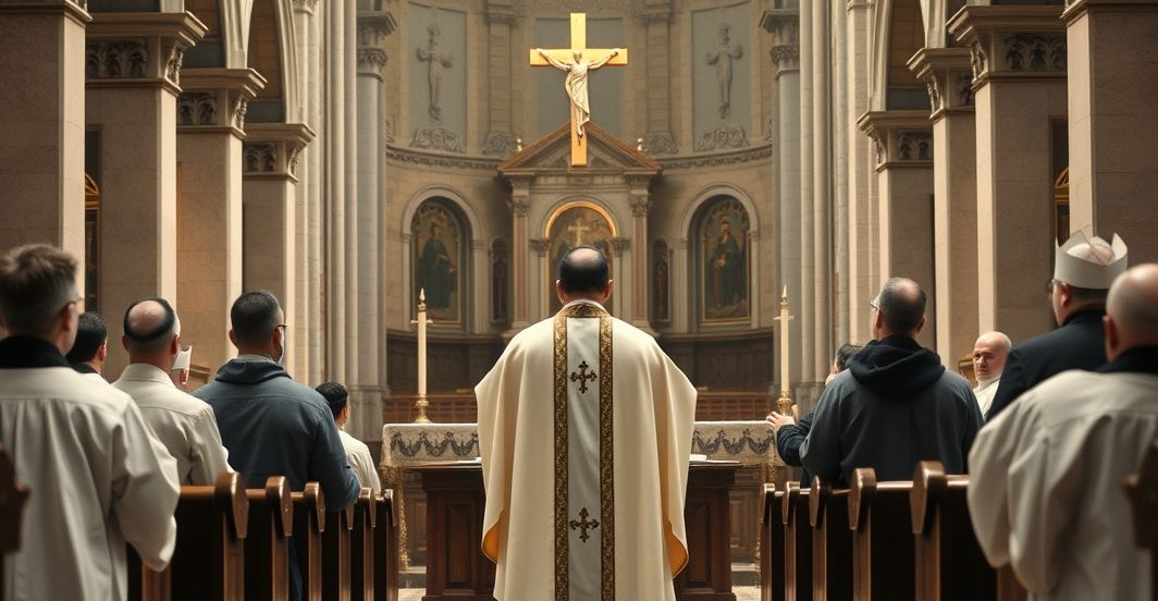 Rewers katolickiej misji: scena liturgiczna w krytycznym świetle Ksiądz w tradycyjnych szatach podczas uroczystej Mszy, refleksja nad krytyką modernistycznej misji katolickiej w kontekście posoborowym