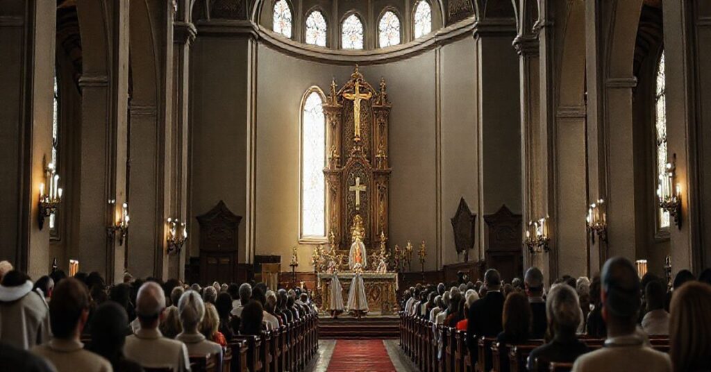 Sanktuarium katolickie z kapłanami i wiernymi podczas liturgii, ukazujące powagę i wierność tradycji katolickiej w kontekście krytyki modernistycznych trendów
