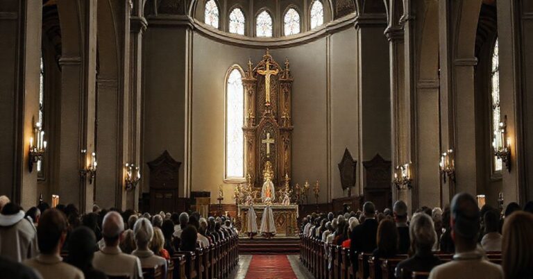 Sanktuarium katolickie z kapłanami i wiernymi podczas liturgii, ukazujące powagę i wierność tradycji katolickiej w kontekście krytyki modernistycznych trendów