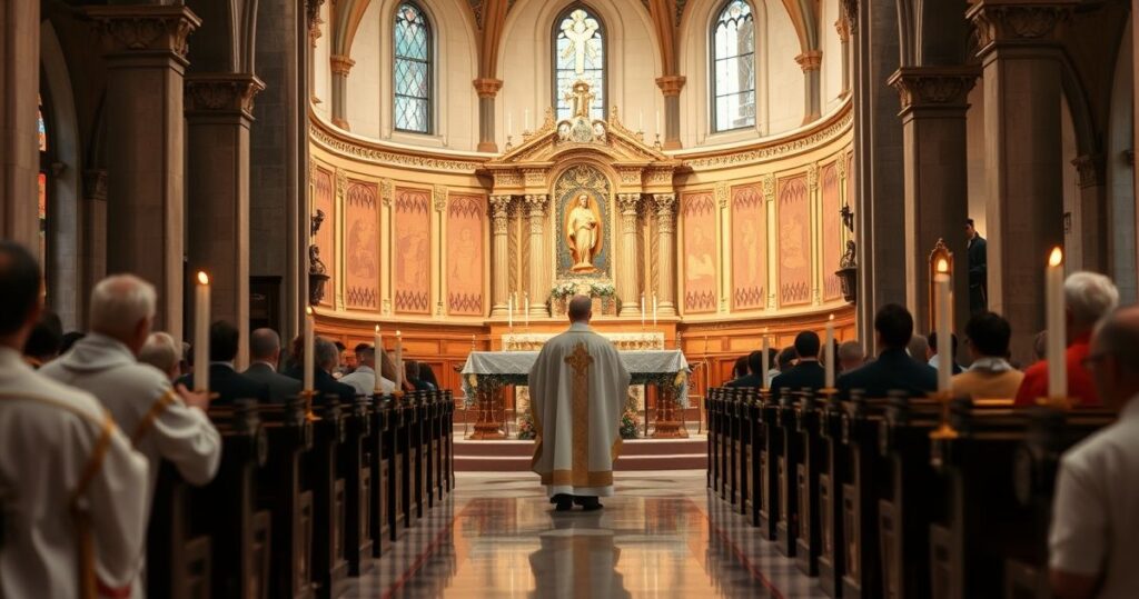 Wnętrze katolickiej świątyni podczas liturgii z ołtarzem, kapłanem w tradycyjnych szatach, świecami i spokojną atmosferą modlitwy, odzwierciedlającą autentyczną katolicką pobożność.