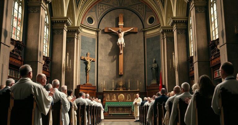 Wnętrze katolickiej świątyni podczas liturgii z ołtarzem, kapłanem w tradycyjnych szatach, świecami i spokojną atmosferą modlitwy, odzwierciedlającą autentyczną katolicką pobożność.