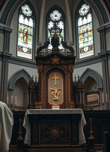 Katolicka liturgia w tradycyjnym kościele - wierna i poważna scena Eucharystii Realistyczne zdjęcie katolickiego kapłana celebrującego Mszę świętą w tradycyjnej liturgii, ukazujące powagę i wierność katolickiej doktrynie w klasycznym wnętrzu kościoła.