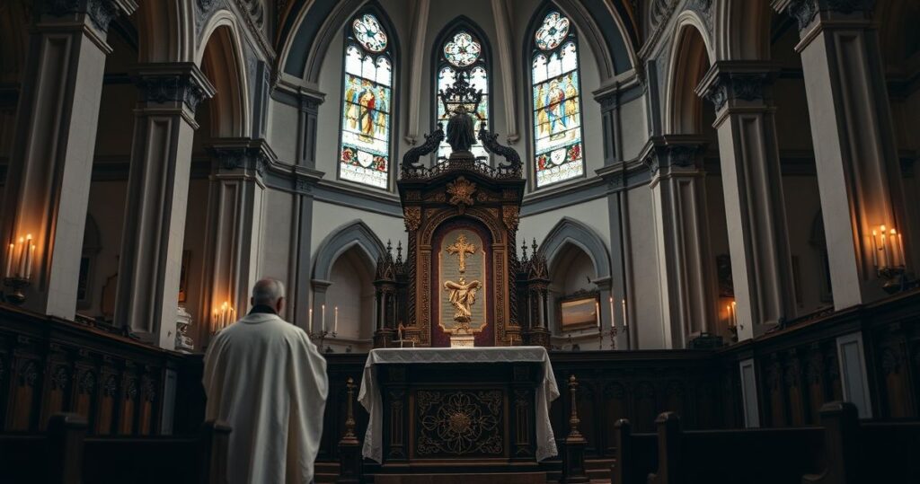 Realistyczne zdjęcie katolickiego kapłana celebrującego Mszę świętą w tradycyjnej liturgii, ukazujące powagę i wierność katolickiej doktrynie w klasycznym wnętrzu kościoła.