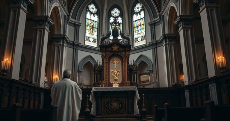 Realistyczne zdjęcie katolickiego kapłana celebrującego Mszę świętą w tradycyjnej liturgii, ukazujące powagę i wierność katolickiej doktrynie w klasycznym wnętrzu kościoła.