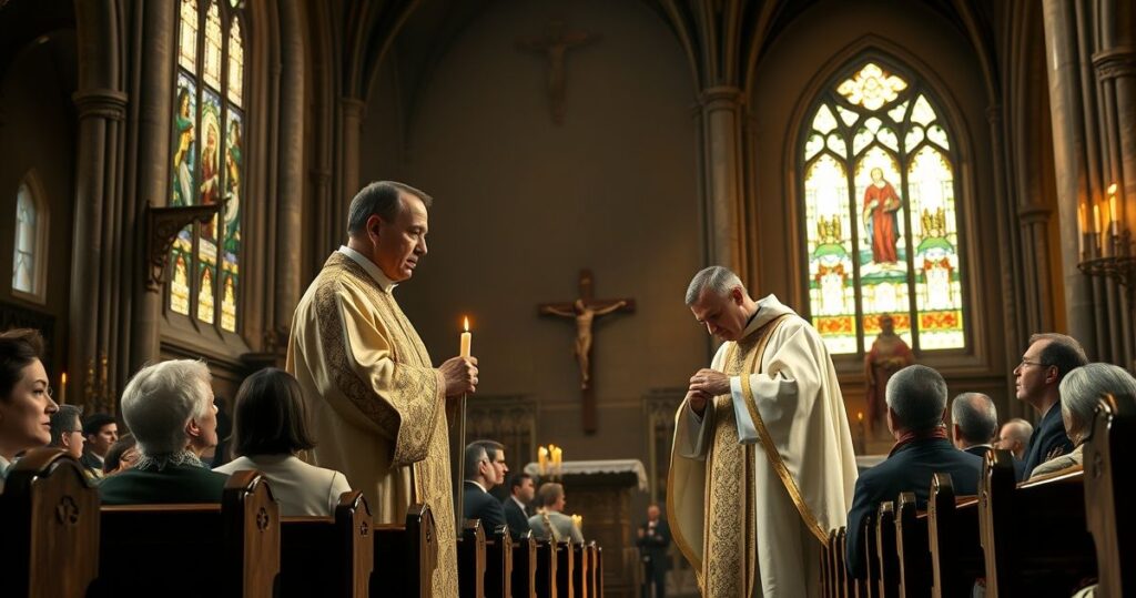 Obraz ukazujący katolicką liturgię w kościele, z duchownymi w tradycyjnych szatach, symbolizujący wierność wierze mimo współczesnych kontrowersji ekumenicznych i ekologicznych