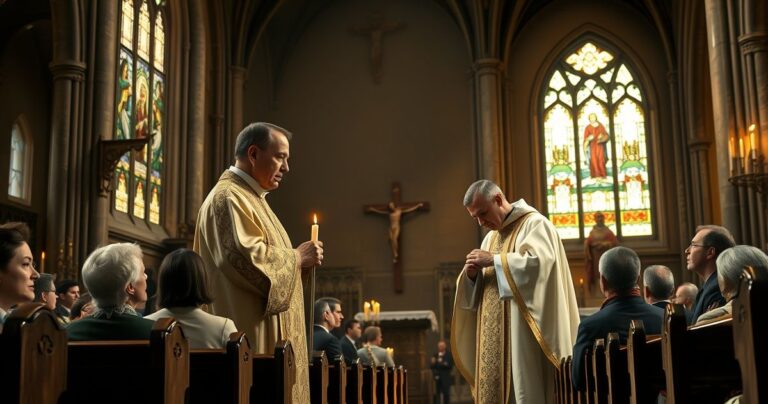 Obraz ukazujący katolicką liturgię w kościele, z duchownymi w tradycyjnych szatach, symbolizujący wierność wierze mimo współczesnych kontrowersji ekumenicznych i ekologicznych
