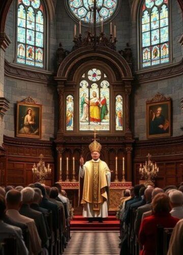 Reprezentacyjny obraz katolickiej liturgii w tradycyjnym kościele Wnętrze kościoła katolickiego podczas uroczystej mszy z kapłanem w tradycyjnych szatach i wiernymi, oddające powagę i tradycję katolickiego kultu