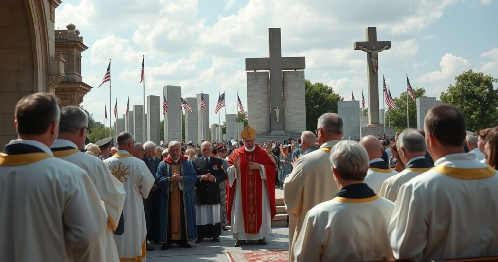 Realistyczny obraz katolickiej Mszy św. na tle historycznego pomnika, ukazujący duchową powagę, wierność tradycji i szacunek dla wiary i patriotyzmu.