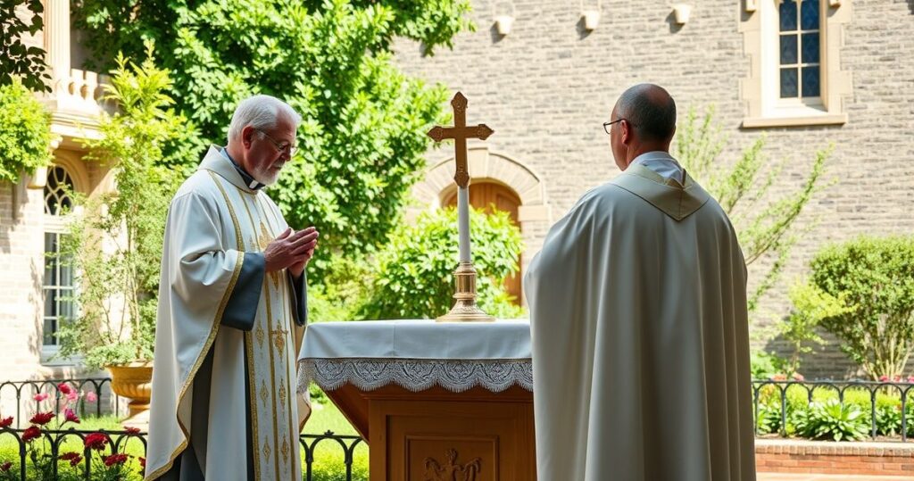 Realistyczny obraz katolickiego kapłana odprawiającego Mszę Świętą na zewnątrz w ogrodach klasztornych, z ołtarzem eucharystycznym i atmosferą modlitewnej pobożności
