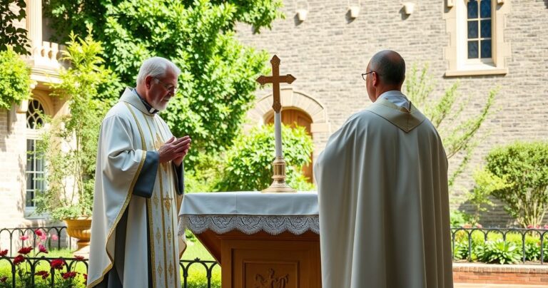 Realistyczny obraz katolickiego kapłana odprawiającego Mszę Świętą na zewnątrz w ogrodach klasztornych, z ołtarzem eucharystycznym i atmosferą modlitewnej pobożności