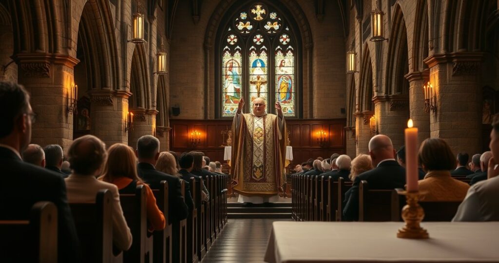 Fotografia realistycznej Katolickiej Mszy św w tradycyjnej świątyni, z kapłanem i wiernymi, oddająca szacunek i wierność prawdziwej Eucharystii