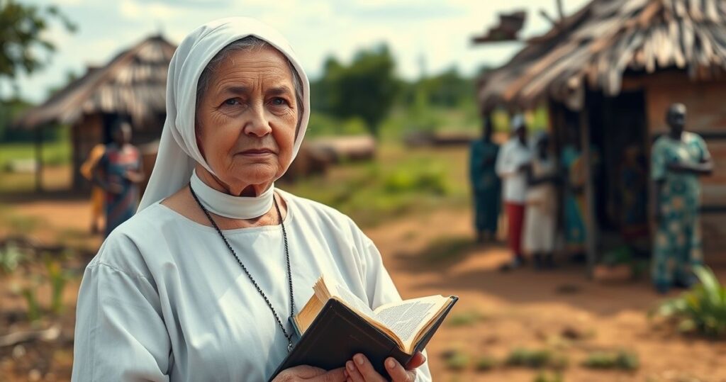 Tradycyjna katolicka misjonarka w Zambii, modląca się z lokalną społecznością na tle wsi, ukazująca autentyczną religijność i oddanie wierze