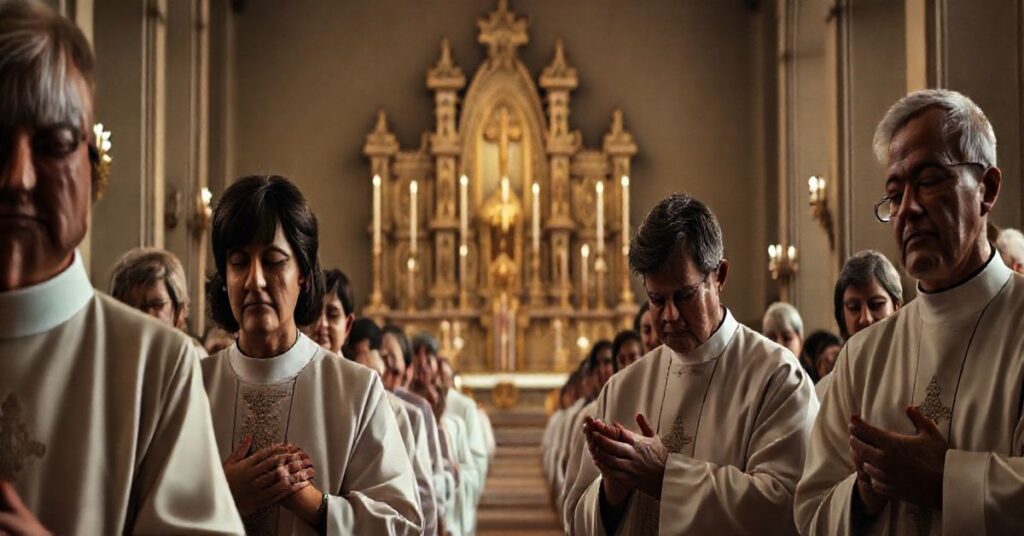 Fotografia realistyczna ukazująca katolicką liturgię po masakrze, z duchownymi w tradycyjnych szatach, wyrazami smutku i refleksji w świątyni.