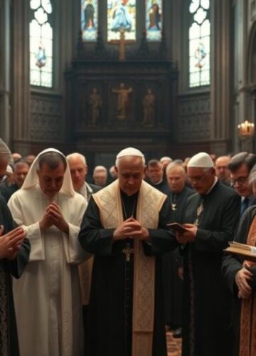 Katolicka scena modlitewna w rocznicę 9/11 bez Chrystusa Króla Religijna scena z katolickimi duchownymi i wiernymi podczas modlitwy w rocznicę 9/11, ukazująca powagę i głębię emocji, bez symboli surrealistycznych