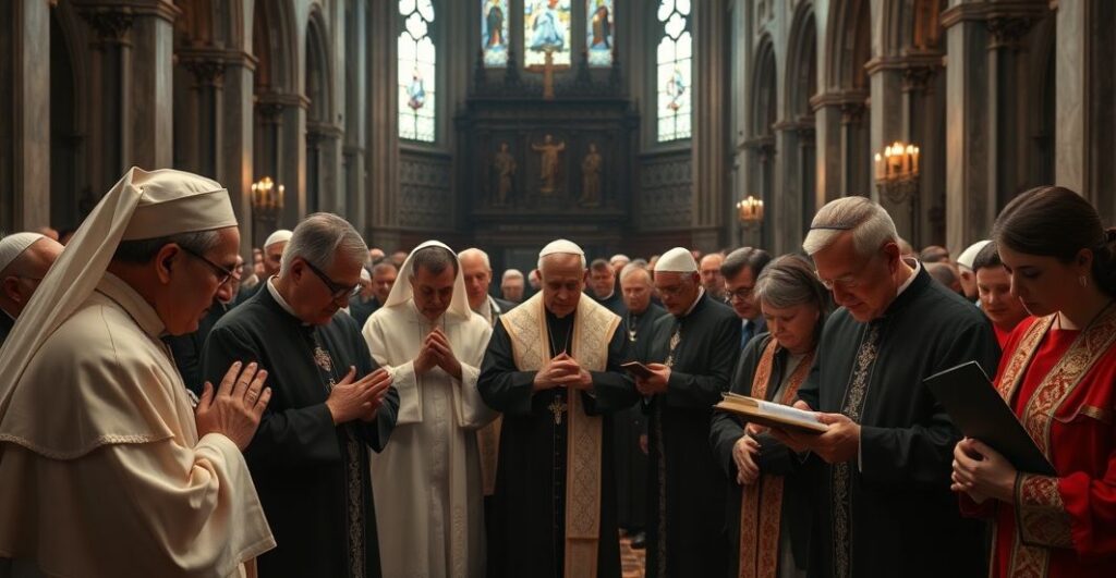 Religijna scena z katolickimi duchownymi i wiernymi podczas modlitwy w rocznicę 9/11, ukazująca powagę i głębię emocji, bez symboli surrealistycznych