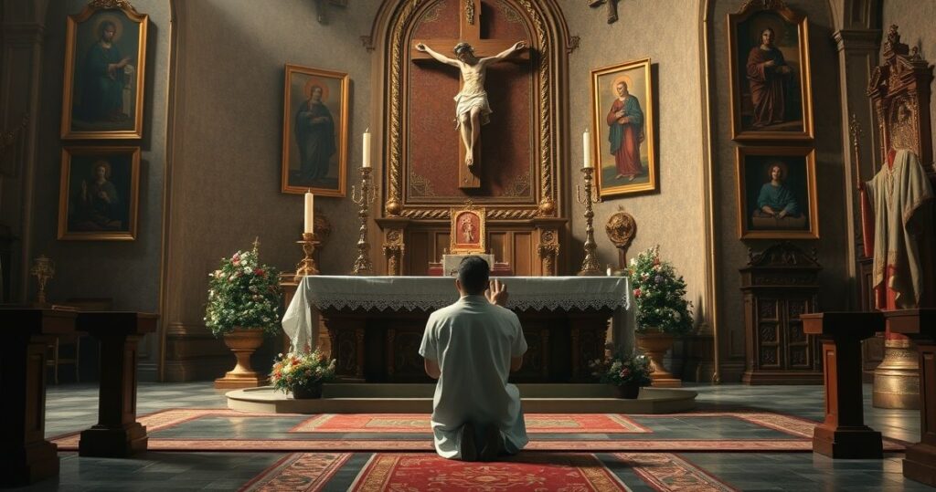 Katolik modlący się przed ołtarzem z krzyżem, w tradycyjnym kościele, wyraz głębokiej pobożności i troski duchowej