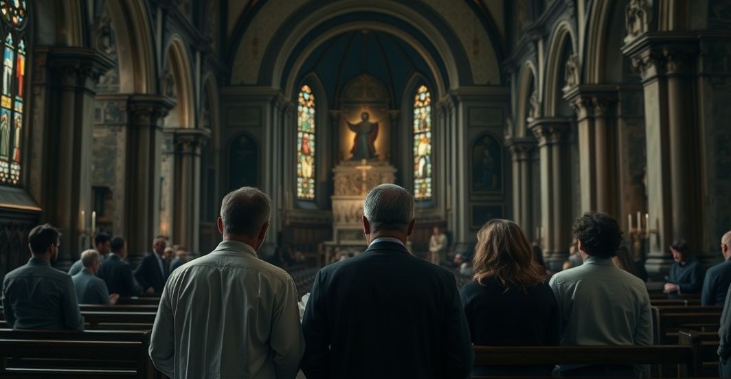 Smutny katolicki rodzinny moment modlitwy w tradycyjnym kościele, symbolizujący duchowe zagubienie i krytykę współczesnej zdrady wiary