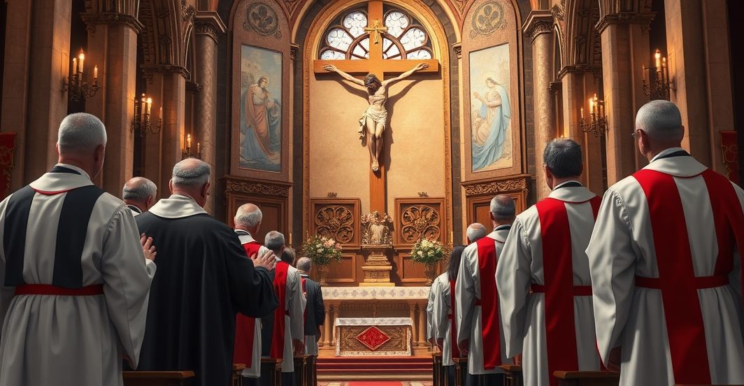 Katolicka scena modlitewna w kościele wobec zagrożeń nowoczesności Duchowni katoliccy modlący się przed krucyfiksem w kościele, ukazując powagę i wiarę w obliczu współczesnych zagrożeń duchowych