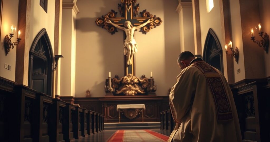 Religijna scena katolicka w tradycyjnym kościele, kapłan modli się przy krzyżu, wyraz głębokiej pobożności i oddania, w atmosferze spokoju i duchowości.