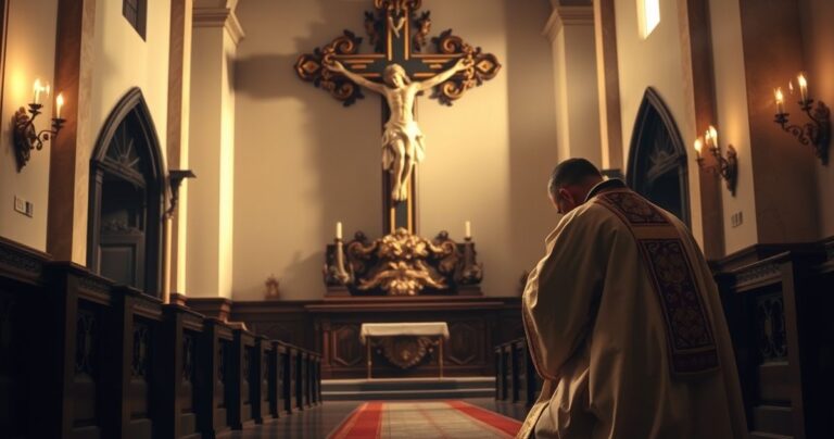Religijna scena katolicka w tradycyjnym kościele, kapłan modli się przy krzyżu, wyraz głębokiej pobożności i oddania, w atmosferze spokoju i duchowości.