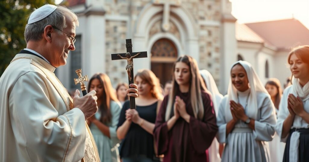 Realistyczny obraz katolickiego duchownego z młodzieżą podczas modlitwy na tle kościoła, wyrazem głębokiej wiary i tradycji katolickiej