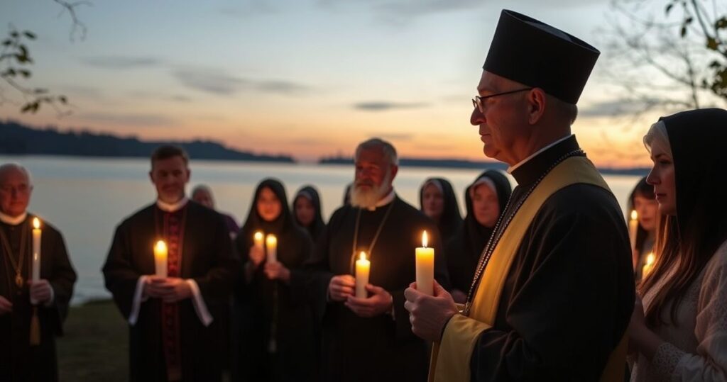 Sanktuarium katolickie z tradycyjnymi wiernymi modlącymi się przy jeziorze, podkreślając autentyczną katolicką pobożność i krytykę modernistycznej liturgii