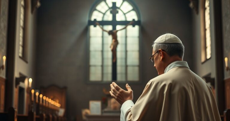 Reverentny katolicki kapłan modlący się przed krzyżem w tradycyjnej świątyni, symbol wiary i pokory