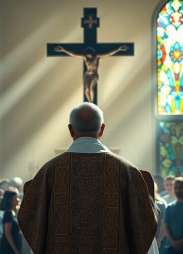 Katolicka scena modlitwy w szpitalu z dziećmi Realistyczny obraz katolickiego kapłana modlącego się przed krucyfiksem w szpitalu, z dziećmi i rodzinami w tle, ukazujący pobożność i nadzieję.