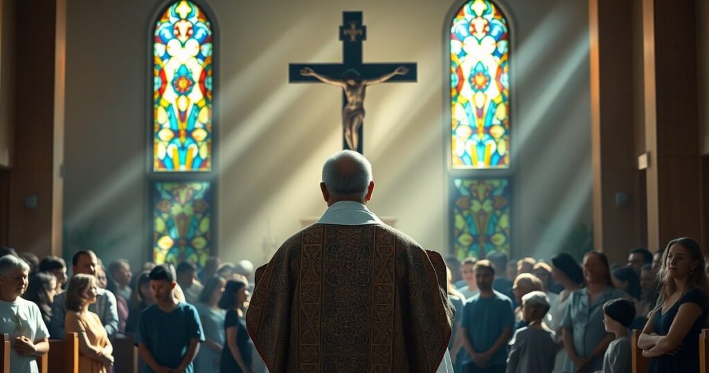 Realistyczny obraz katolickiego kapłana modlącego się przed krucyfiksem w szpitalu, z dziećmi i rodzinami w tle, ukazujący pobożność i nadzieję.