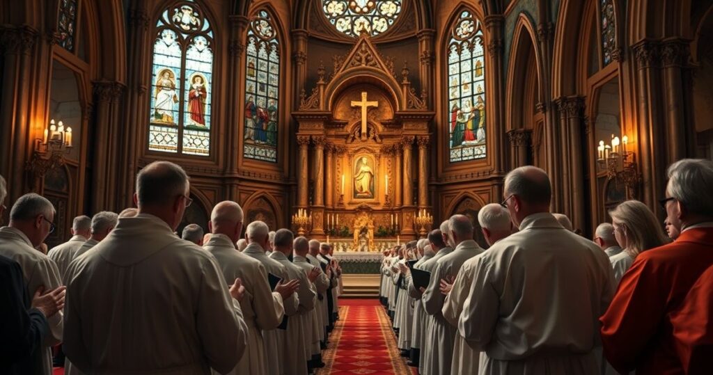 Zdjęcie tradycyjnych katolickich duchownych i wiernych modlących się w kościele, wyrażających głęboką pokorę i troskę o wiarę, ukazujące duchową głębię i pobożność, odpowiednie do katolickiego bloga.