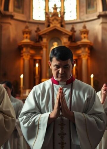 Catholic Prayer in Traditional Church Interior Realistyczne zdjęcie wewnątrz katolickiego kościoła z wiernymi modlącymi się w skupieniu, w tradycyjnych szatach liturgicznych, oddające atmosferę pobożności i wierności tradycji katolickiej