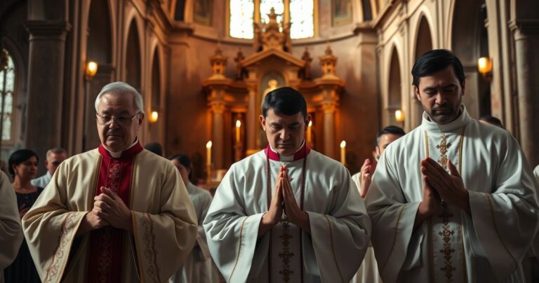 Realistyczne zdjęcie wewnątrz katolickiego kościoła z wiernymi modlącymi się w skupieniu, w tradycyjnych szatach liturgicznych, oddające atmosferę pobożności i wierności tradycji katolickiej