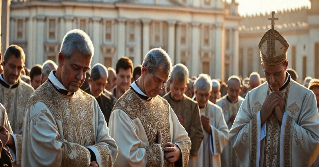 Reverentne katolickie zgromadzenie na Placu Świętego Piotra, wyrażające modlitwę i powagę w obliczu kontrowersji wokół pseudo-liturgii i fałszywych świętości.