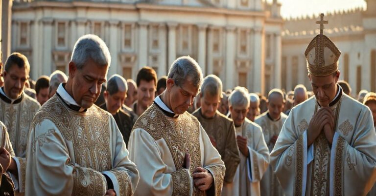 Reverentne katolickie zgromadzenie na Placu Świętego Piotra, wyrażające modlitwę i powagę w obliczu kontrowersji wokół pseudo-liturgii i fałszywych świętości.