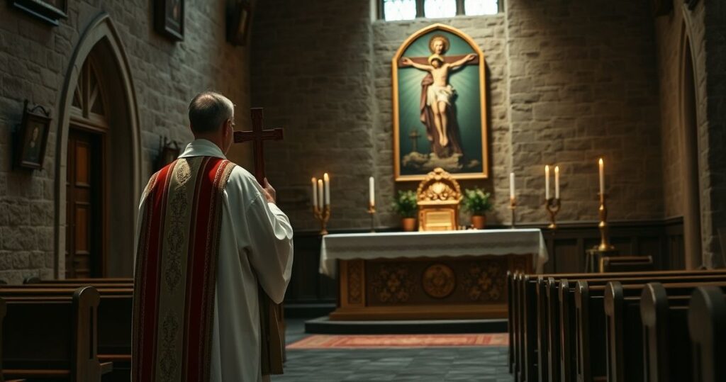 Realistyczne, pełne szacunku zdjęcie katolickiego duchownego w tradycyjnych szatach, modlącego się przed ołtarzem w skromnym wnętrzu kościoła, symbolizujące wierność wierze w obliczu współczesnych wyzwań.