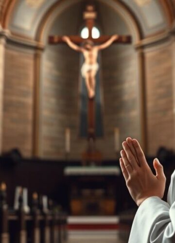 Katolicka modlitwa zakonnicy przed krzyżem w tradycyjnym kościele Realistyczne katolickie zdjęcie zakonnicy modlącej się przed krzyżem w świątyni, wywołujące głęboką duchową refleksję i wierność prawdziwej Kościołowi katolickiemu.