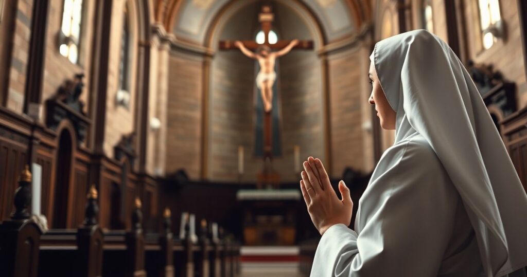 Realistyczne katolickie zdjęcie zakonnicy modlącej się przed krzyżem w świątyni, wywołujące głęboką duchową refleksję i wierność prawdziwej Kościołowi katolickiemu.
