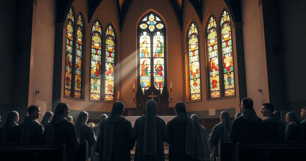 Zdjęcie przedstawiające zakonników modlących się w kaplicy, w tradycyjnych strojach, ukazujące duchową powagę i skupienie, z naturalnym oświetleniem, realistyczny i szlachetny obraz katolickiej modlitwy